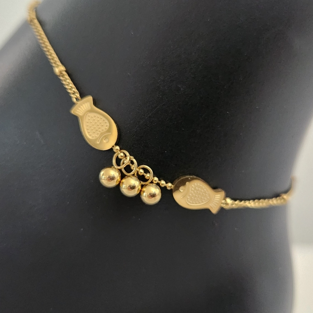 Gold Fish Anklet Bracelet with Dangle Beads Dainty Nautical Adjustable - Picture 5 of 14